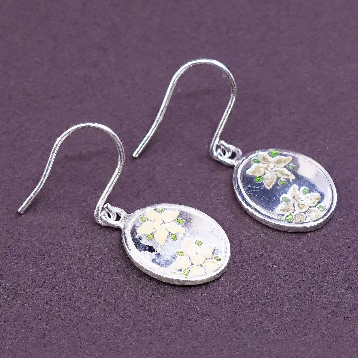 vtg Sterling silver handmade earrings, 925 silver enamel yellow flower drops