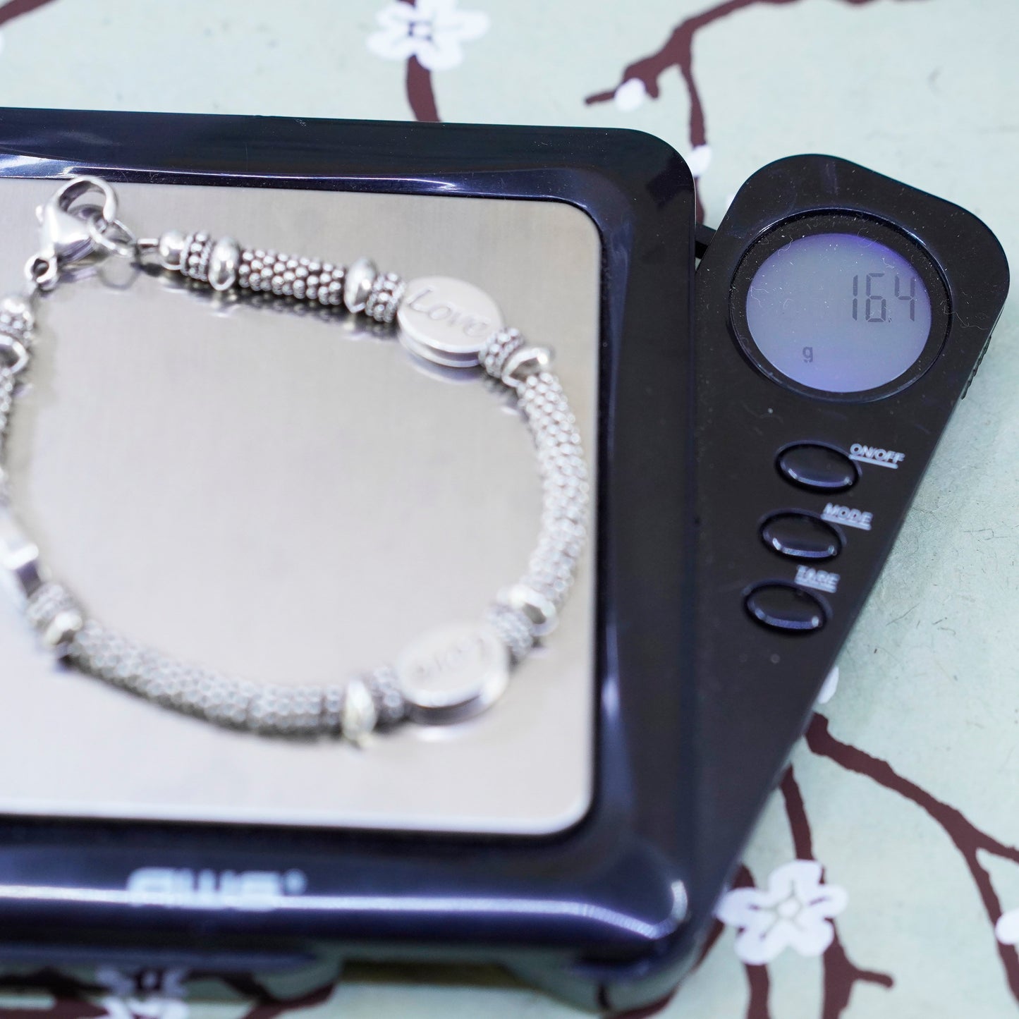 6.25”, Vintage handmade 925 sterling silver bracelet, pearl beads love charms