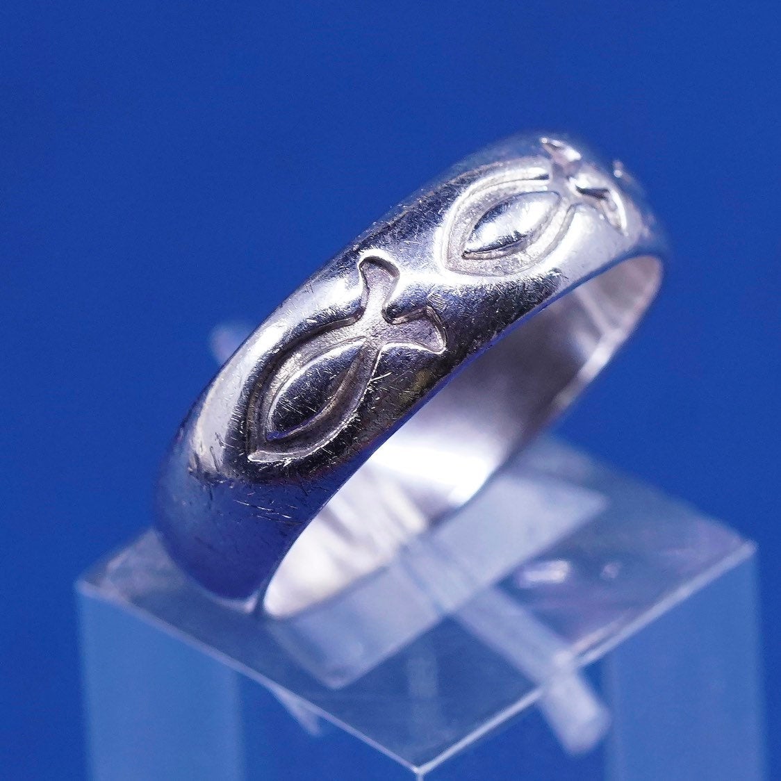 sz 9, vtg BSD Sterling silver handmade ring, 925 prayer band w/ fish
