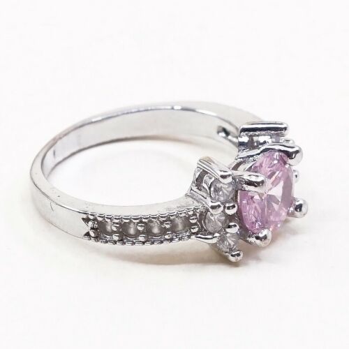 Sz 6.5, Vtg Sterling 925 Silver Ring W/ Pink Heart Cz Inlay, Stamped 925