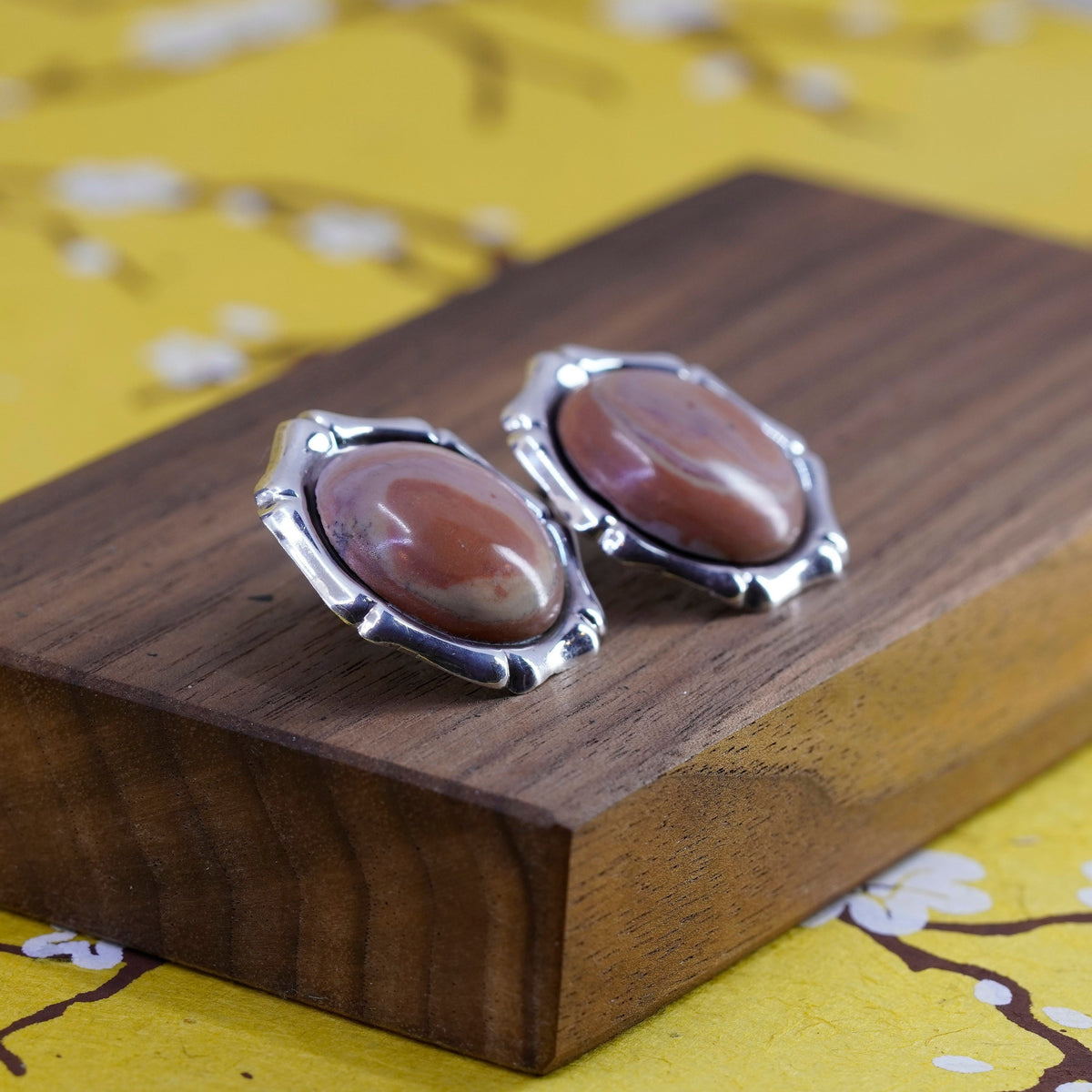 Vintage mexico handmade Sterling 925 silver studs earrings jasper bamboo cable