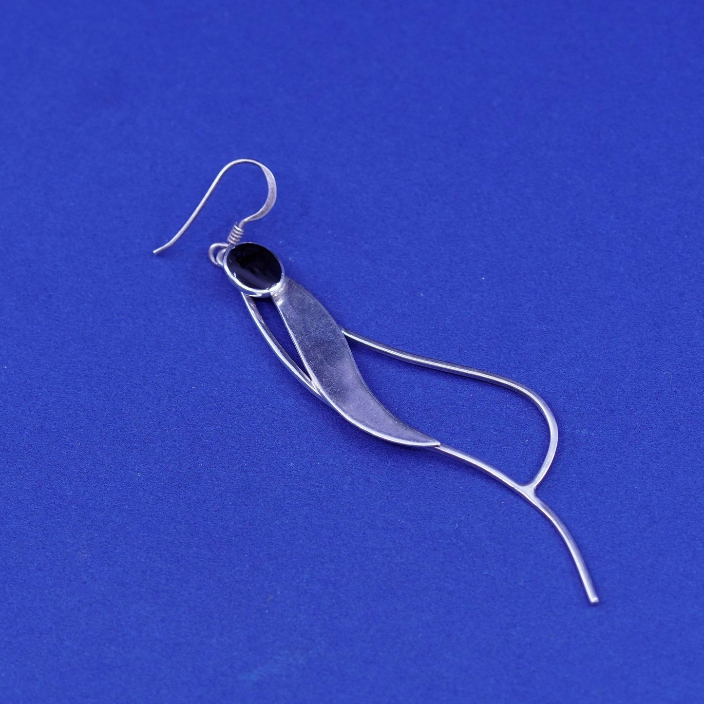 Vintage sterling 925 silver handmade long wavy earrings with oval obsidian