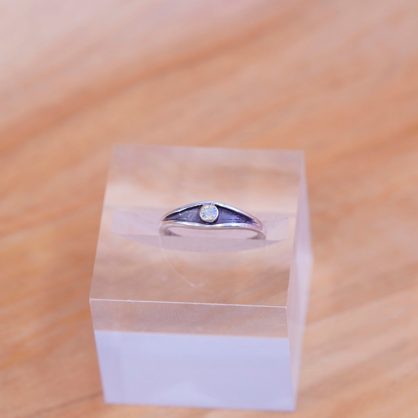 Size 3.25, Vintage Sterling silver handmade ring, 925 open band with cz