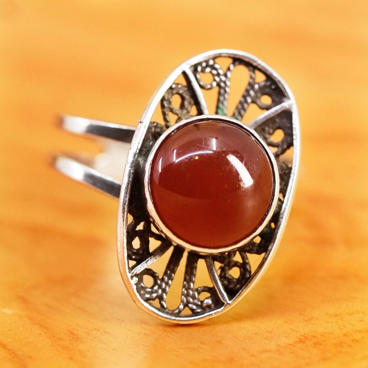 Size adjustable, vintage Sterling silver handmade filigree ring with carnelian