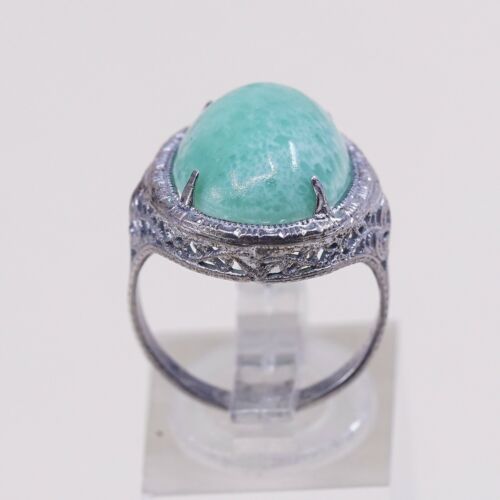 Sz 6, Vtg Thailand Handmade Sterling 925 Filigree W/ Turquoise Statement Ring