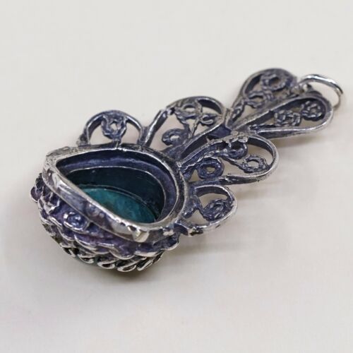 Vtg Filigree Sterling Silver Handmade Pendant W/ Turquoise Bead