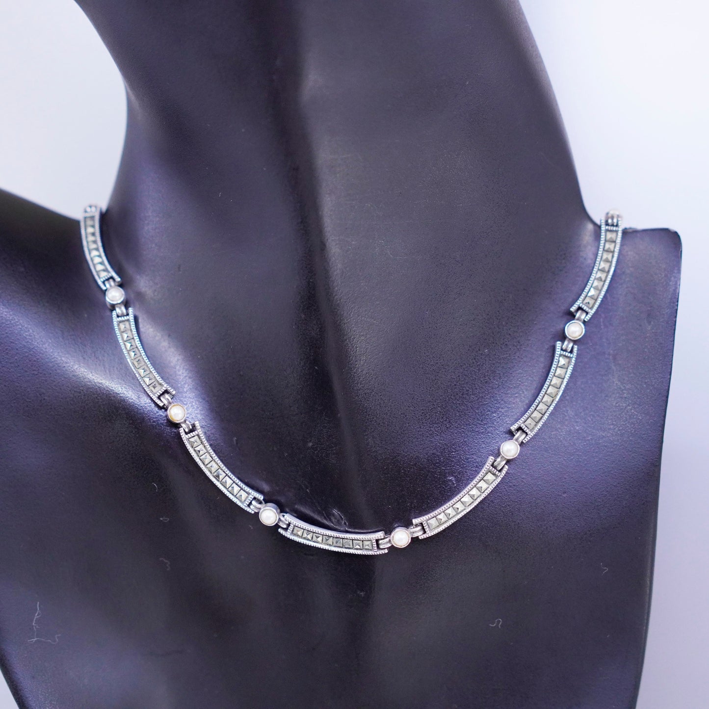 16+1.5”, Judith Jack Sterling 925 silver bar chain tennis necklace Marcasite