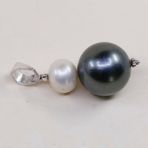 Vintage Sterling Silver Heart Pendant, Solid 925 Silver Black N White Pearl