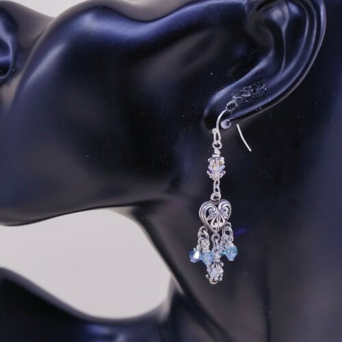 Sterling Silver Handmade Earrings, 925 Silver Filigree Heart W/ Green Crystal