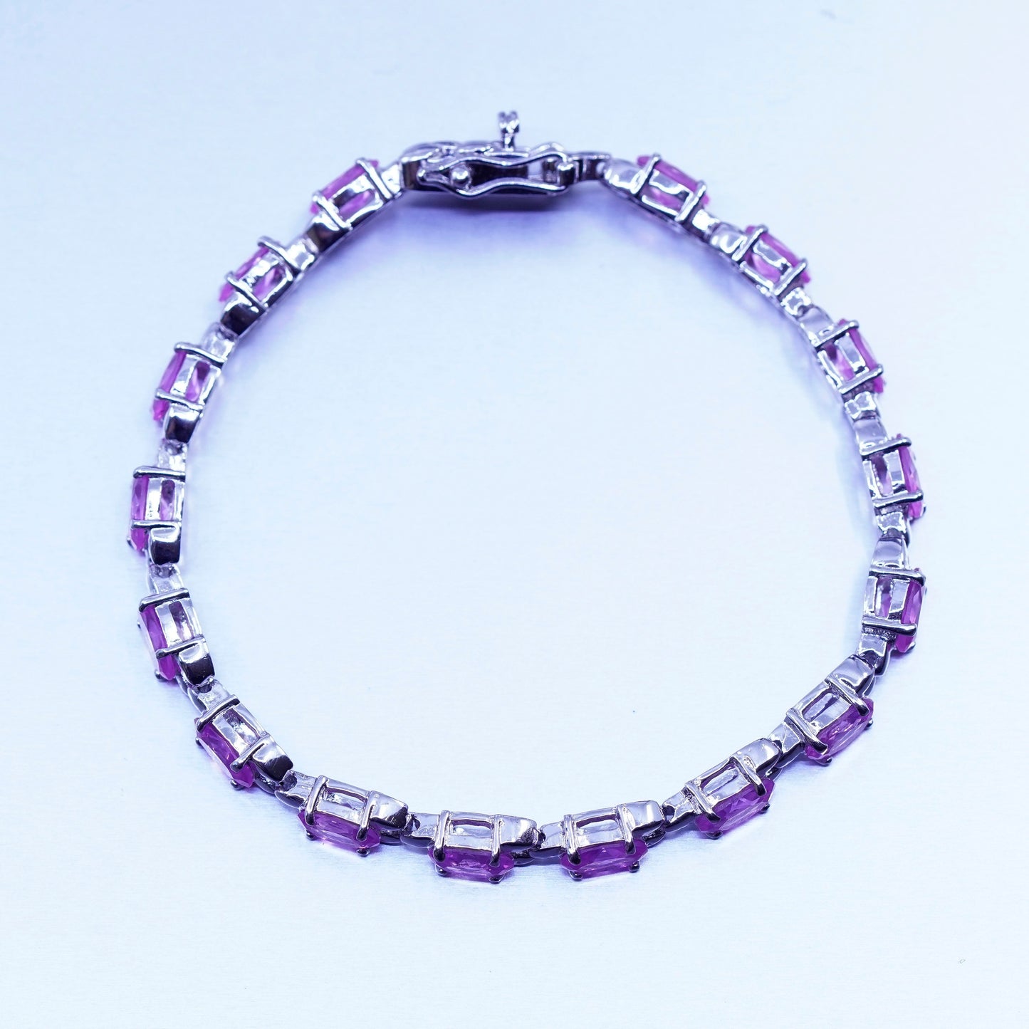 7”, Vintage Sterling 925 silver tennis bracelet chain with pink crystal