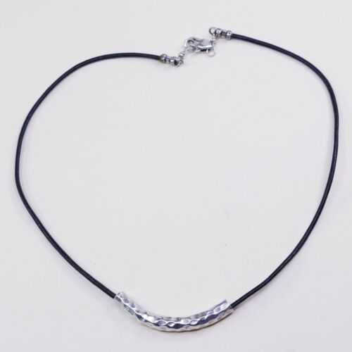 18”, Vtg Handmade Sterling 925 Silver Slide Pendant W/ Black Leather Necklace