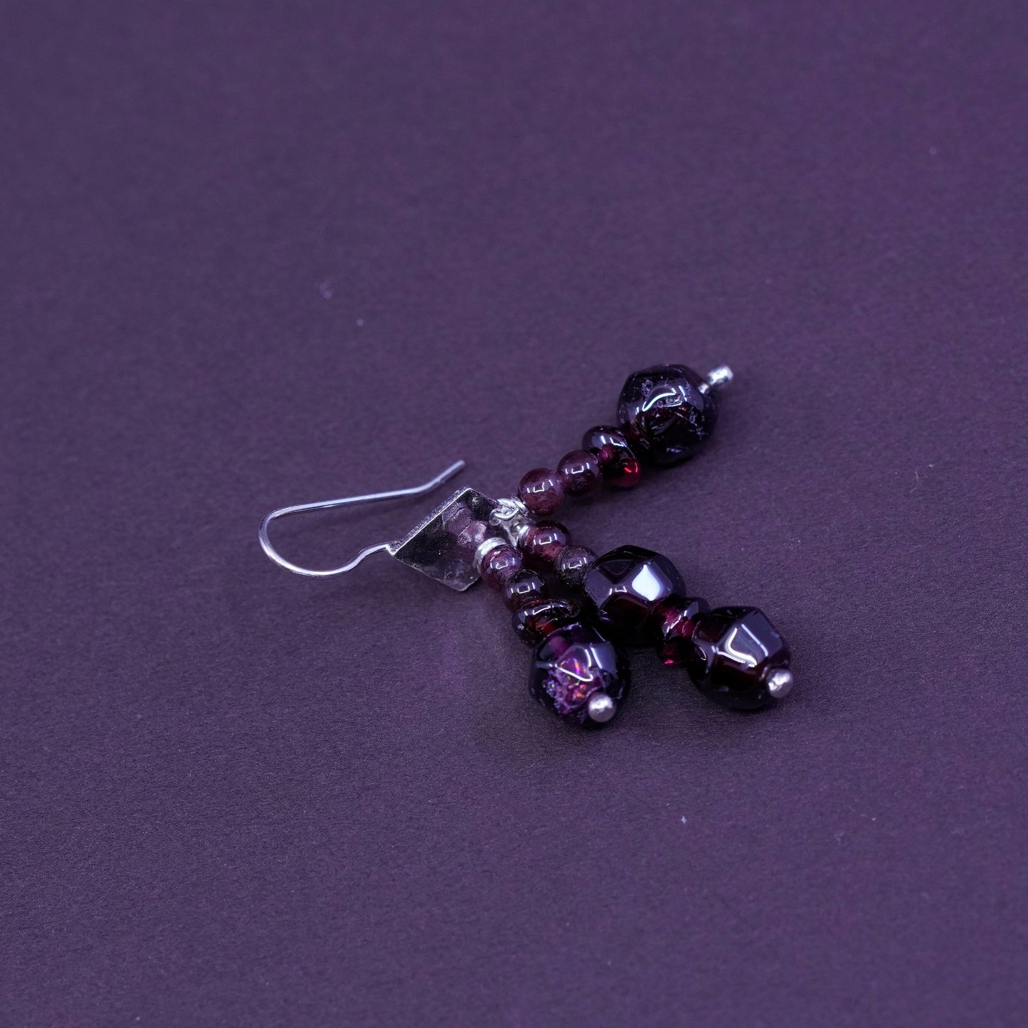 Vintage Sterling silver handmade earrings, 925 disc with garnet beads