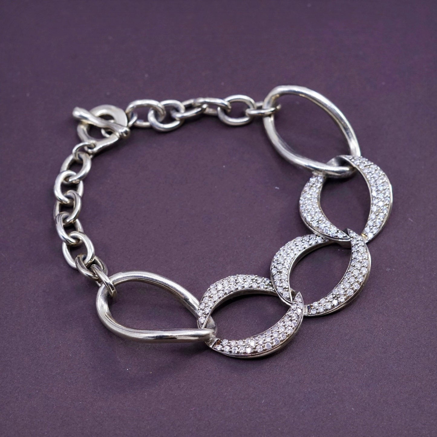 7.25”, vtg Vermeil gold over sterling silver bracelet, 925 oval with cluster Cz