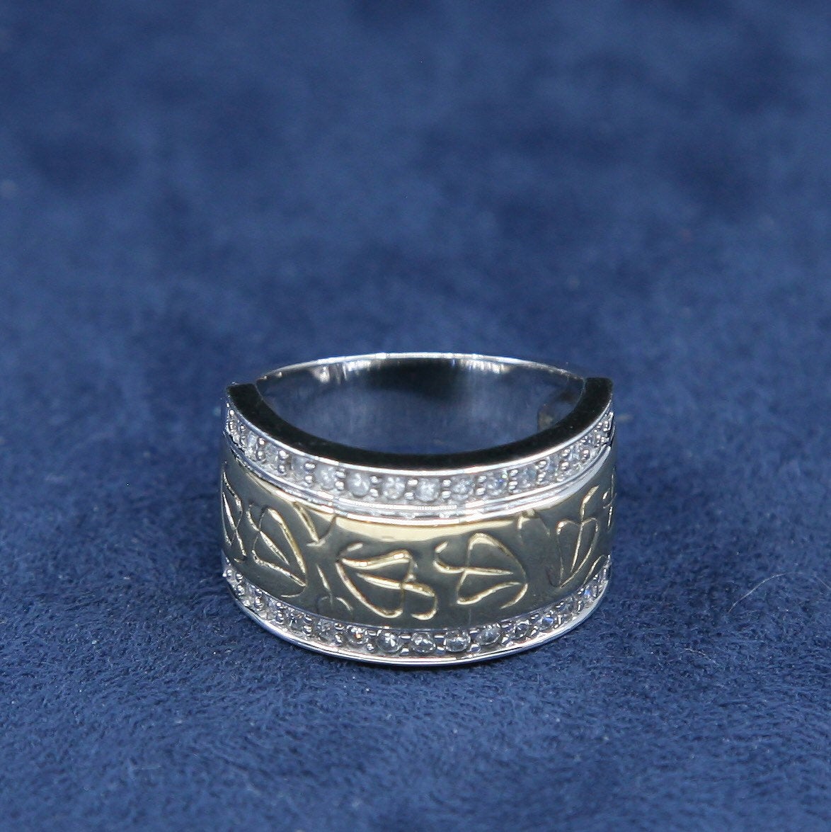 sz 7, vtg two tone sterling 925 silver band ring w/ cluster crystal