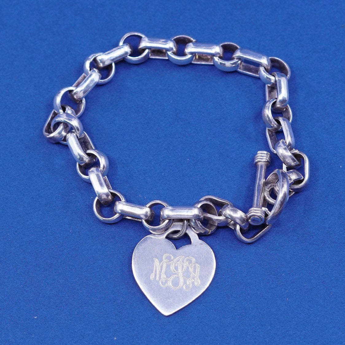 6.75", Sterling silver bracelet, 925 elongated chain w/ heart “MJA” monogram