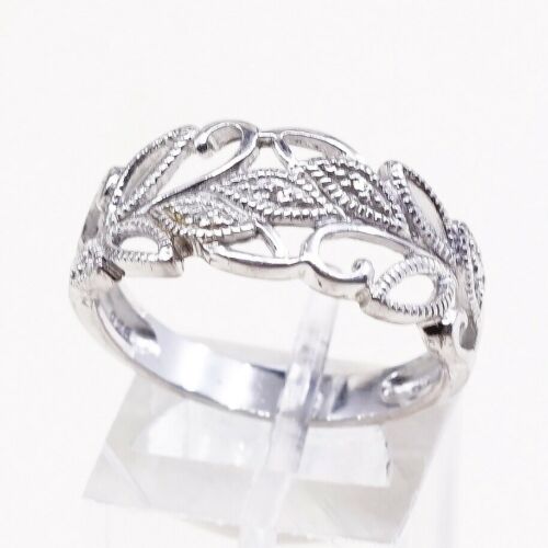 Size 9.25, Vtg Sterling Silver Handmade Ring 925 Band W/ Leaves Embossed