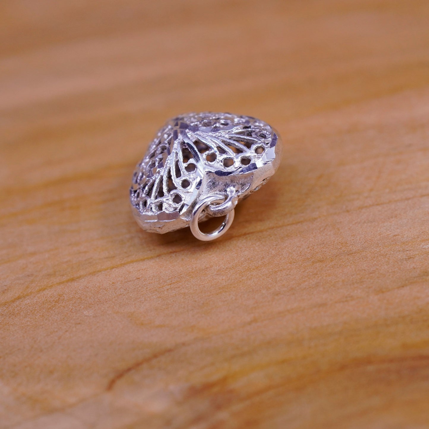 Vintage Sterling silver handmade pendant, 925 filigree puffy heart pendant