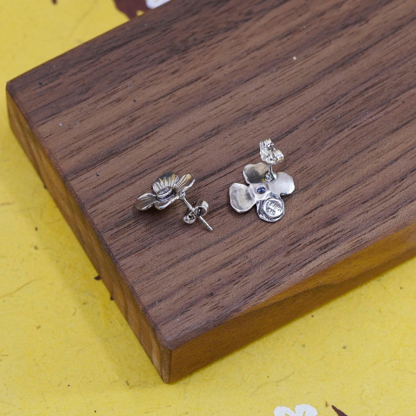 Vintage Sterling 925 silver handmade studs, flower earrings with cz