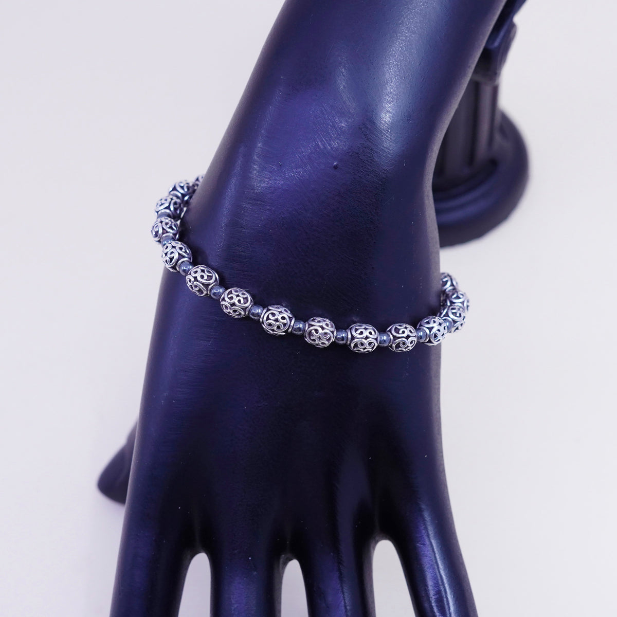 6.5”, Vintage sterling silver bracelet, filigree 925 beads bracelet, jewelry