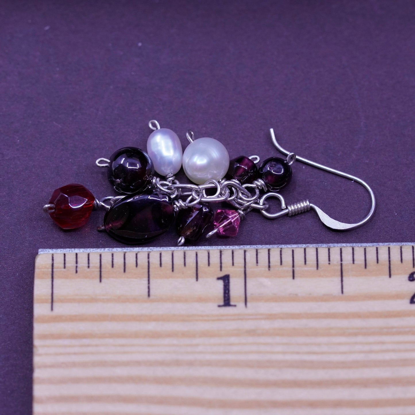 Vintage Sterling 925 silver Handmade earrings cluster pearl garnet ruby beads