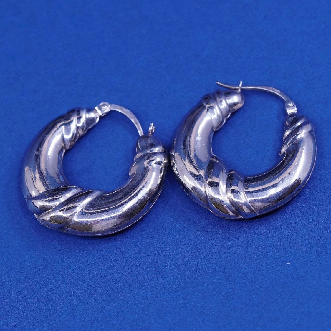 1", vtg Sterling silver handmade hoop earrings, puffy lightweight 925 huggie