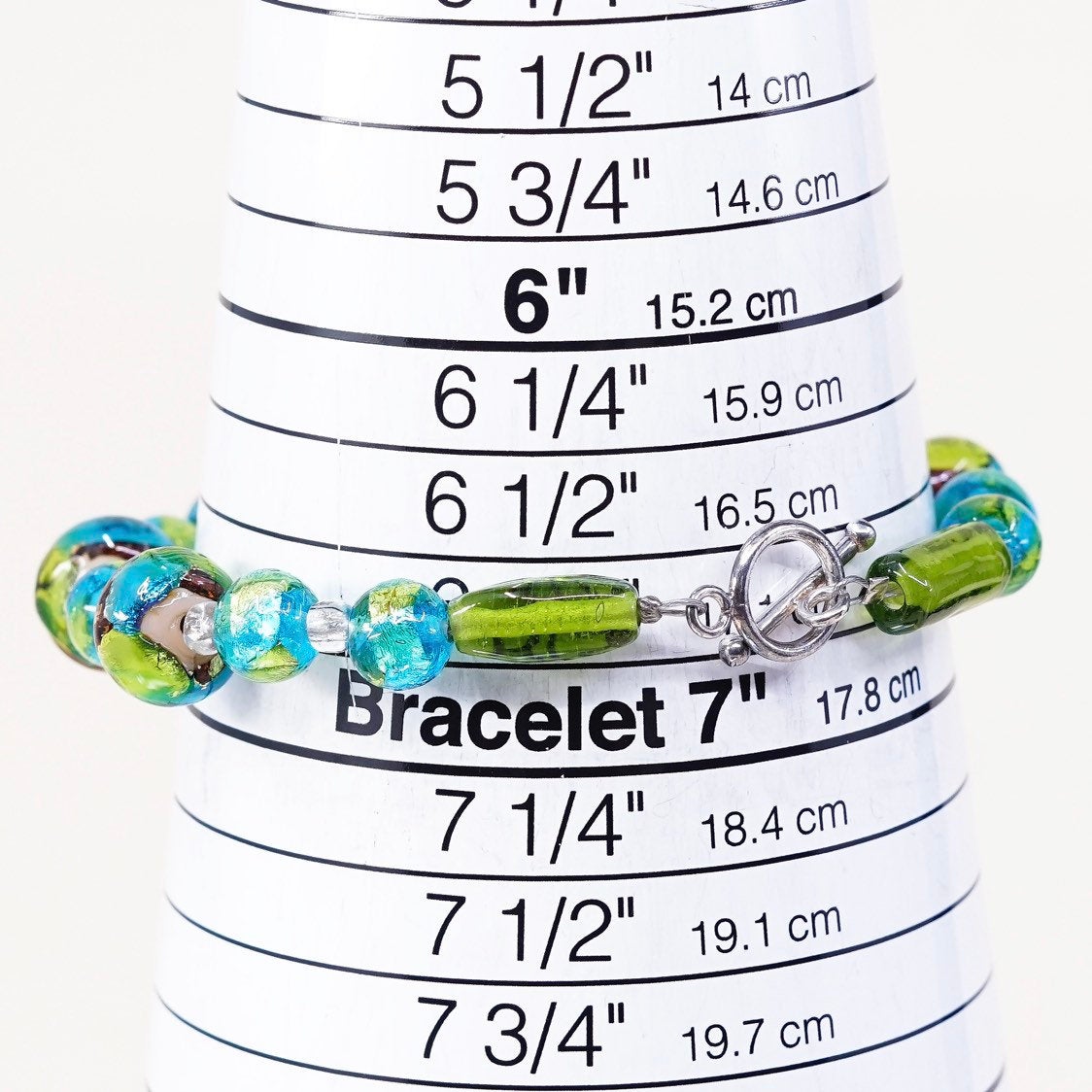 6.75", VTG 925 Sterling silver beads bracelet w/ artisan green glass beads