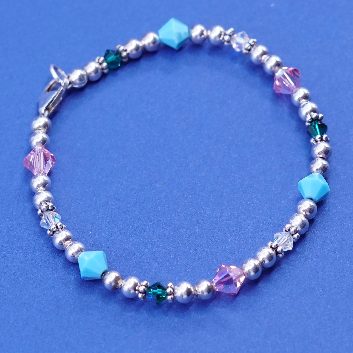 6.75”, sterling 925 silver handmade bracelet with turquoise pink crystal beads