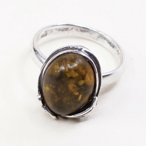 Sz 7, Vtg Orange Amber Sterling 925 Silver Handmade Ring, Stamped 925