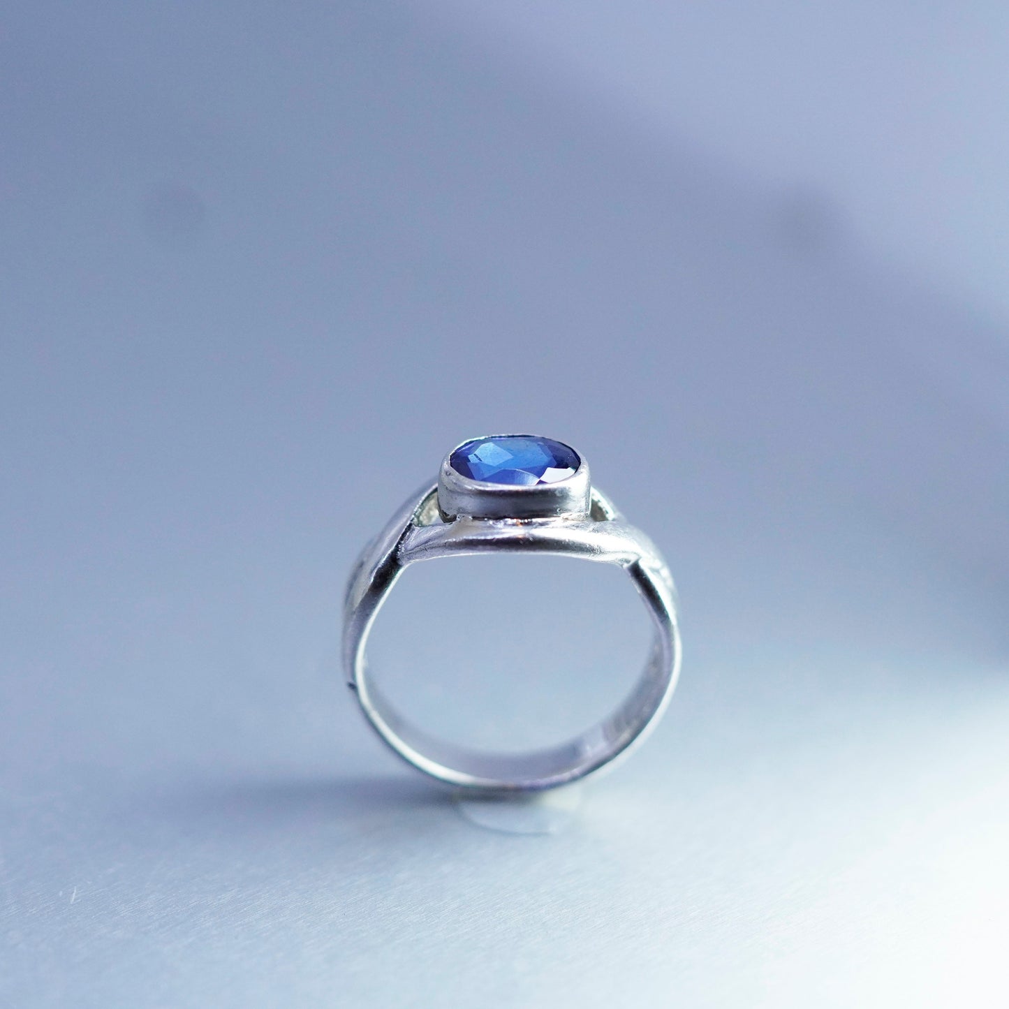 Size 7.75, vintage Sterling 925 silver handmade statement ring w/ blue crystal