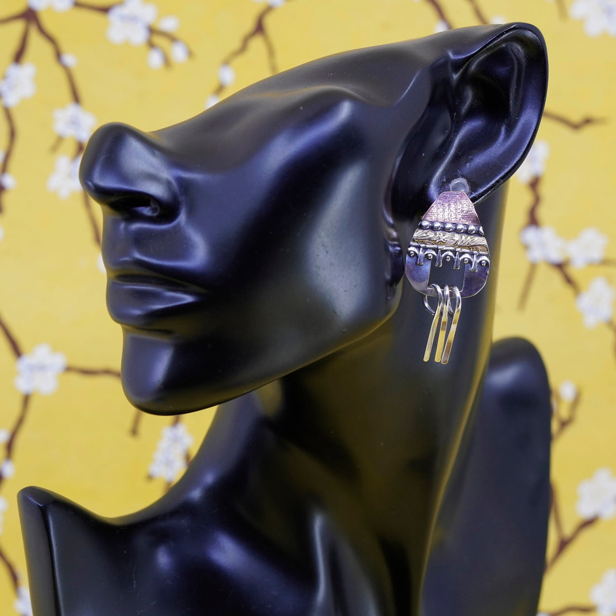 Triple tone Native American handmade sterling 925 silver earrings fringe dangle