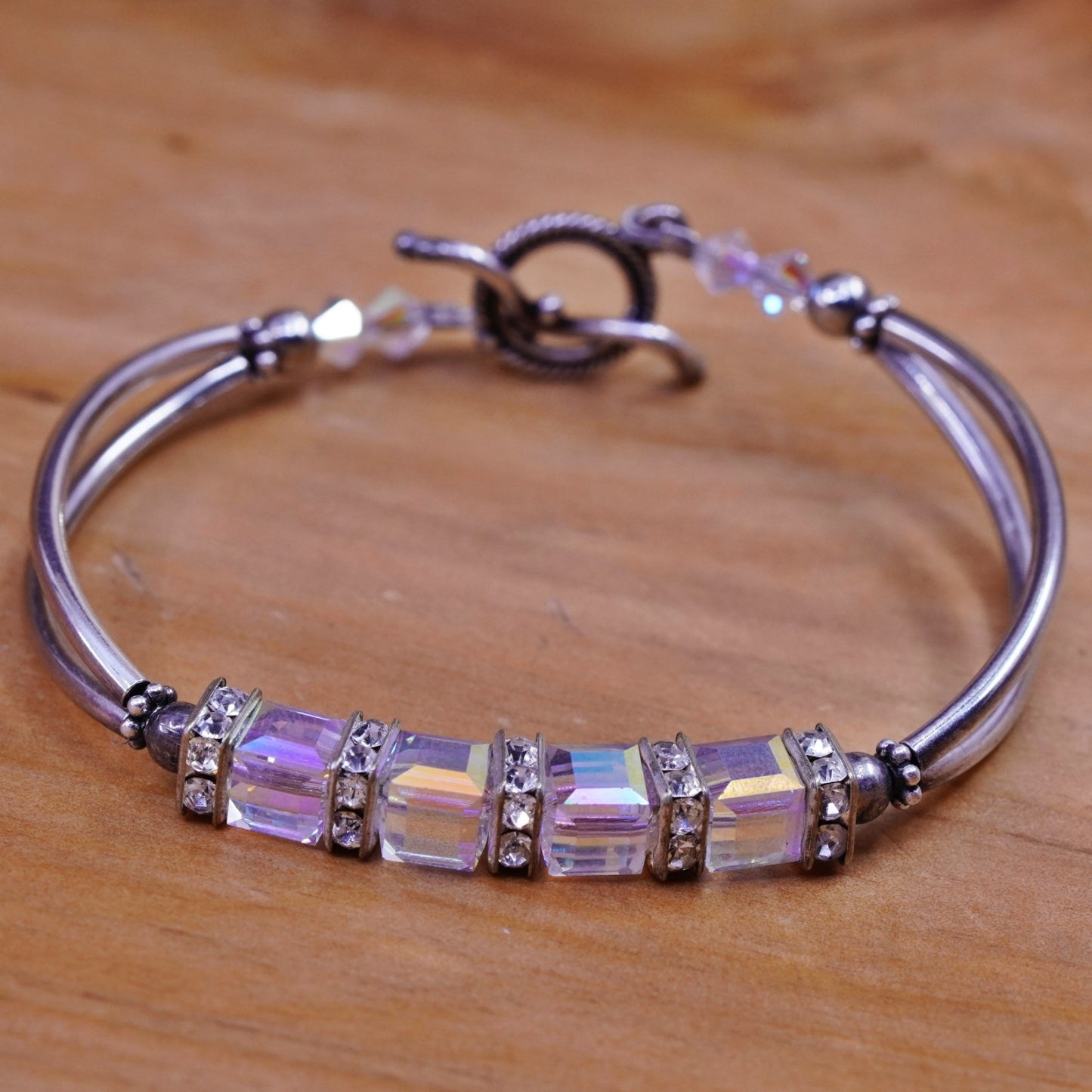 6”, vtg Sterling silver handmade beads bracelet, 925 bar with crystal and cz