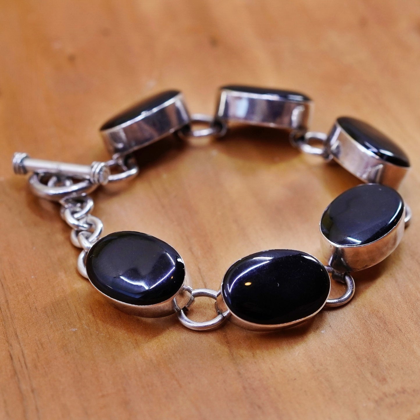 6.5”, vintage Sterling silver handmade bracelet, Mexico 925 chain oval onyx