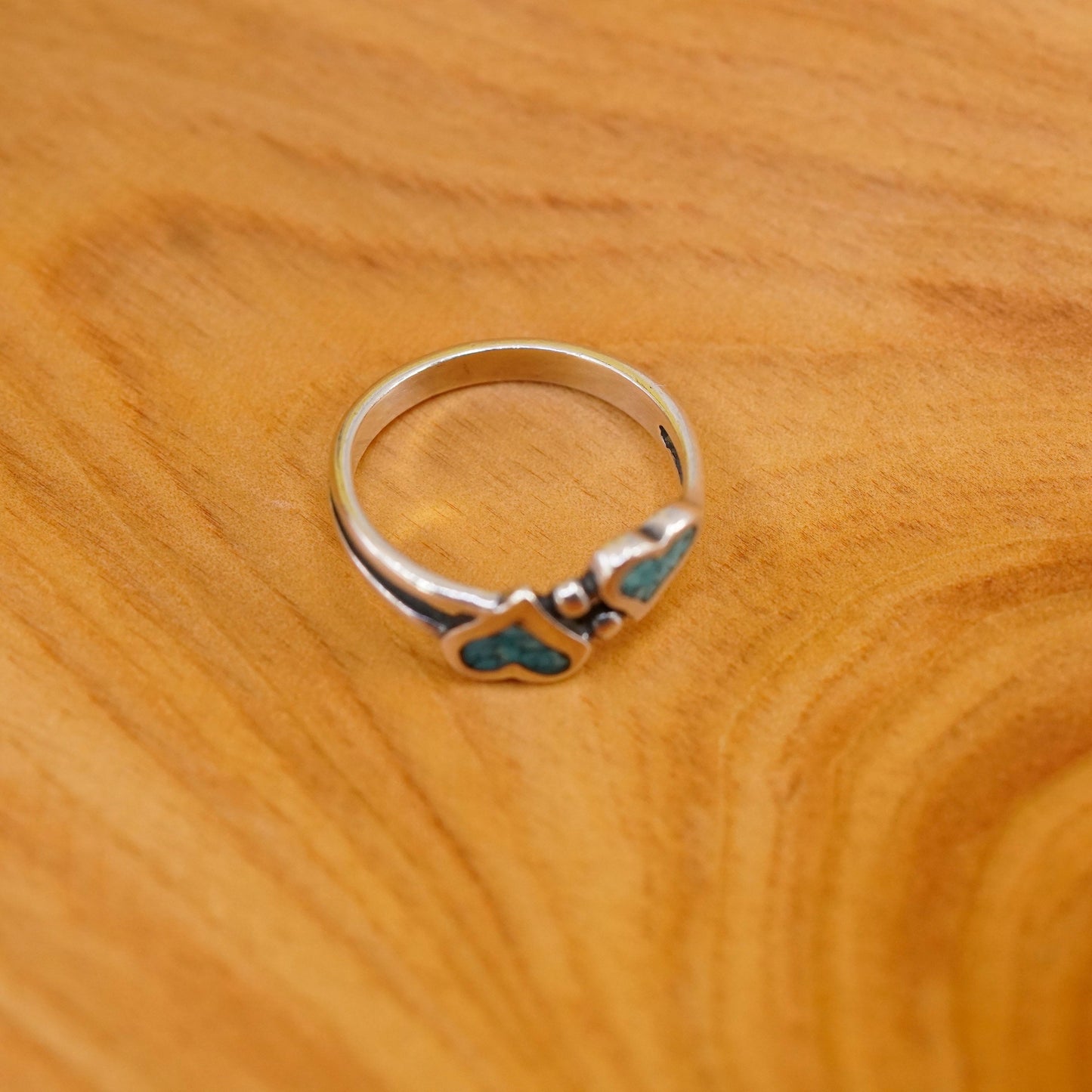 Size 6, vintage Sterling silver handmade ring, mexico 925 heart band turquoise