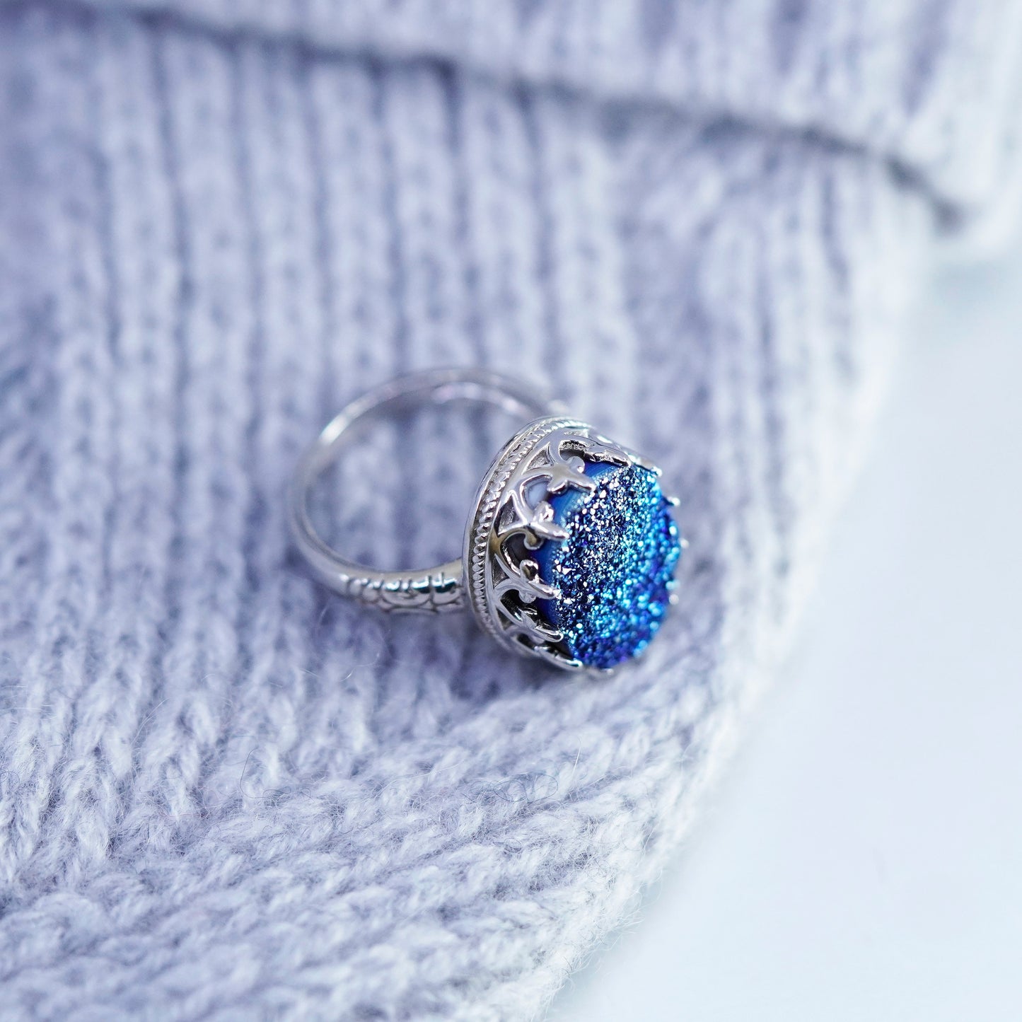Size 7, vintage Sterling 925 silver handmade ring blue druzy glittering quartz