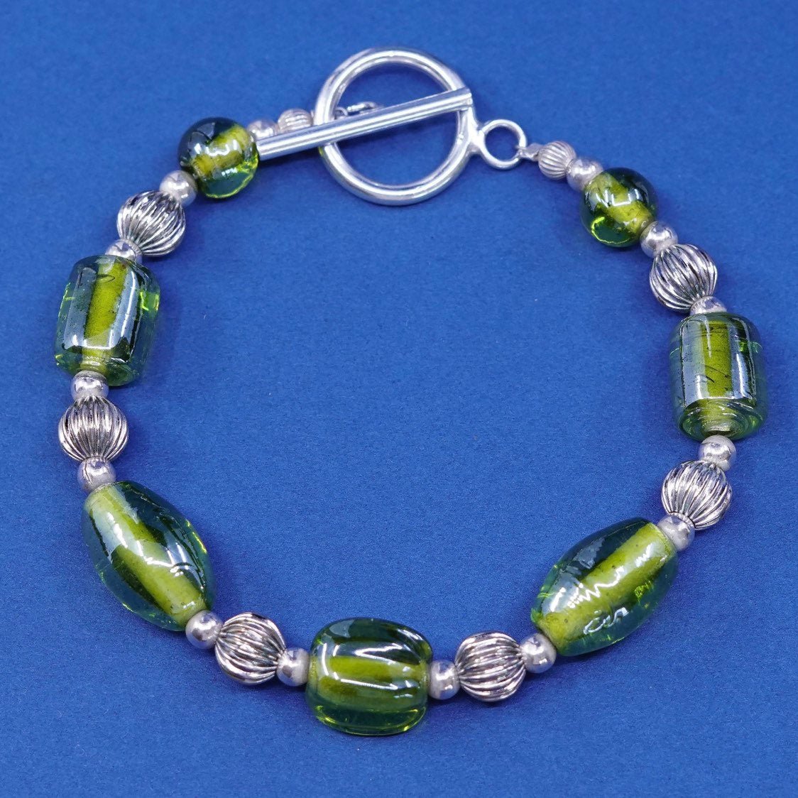 7", handmade sterling silver bracelet, 925 toggle closure w/ foiled glass beads