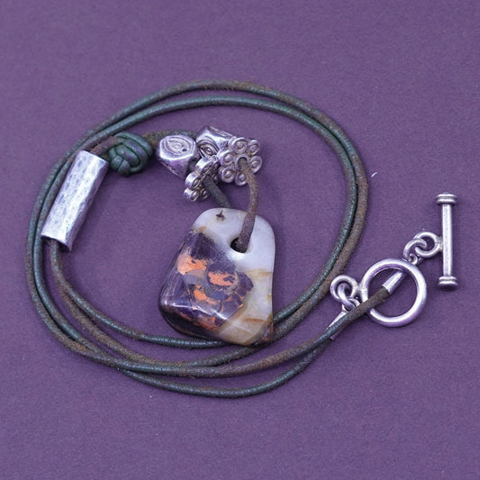 20”, sterling silver handmade necklace, leather core w/ agate nugget pendant