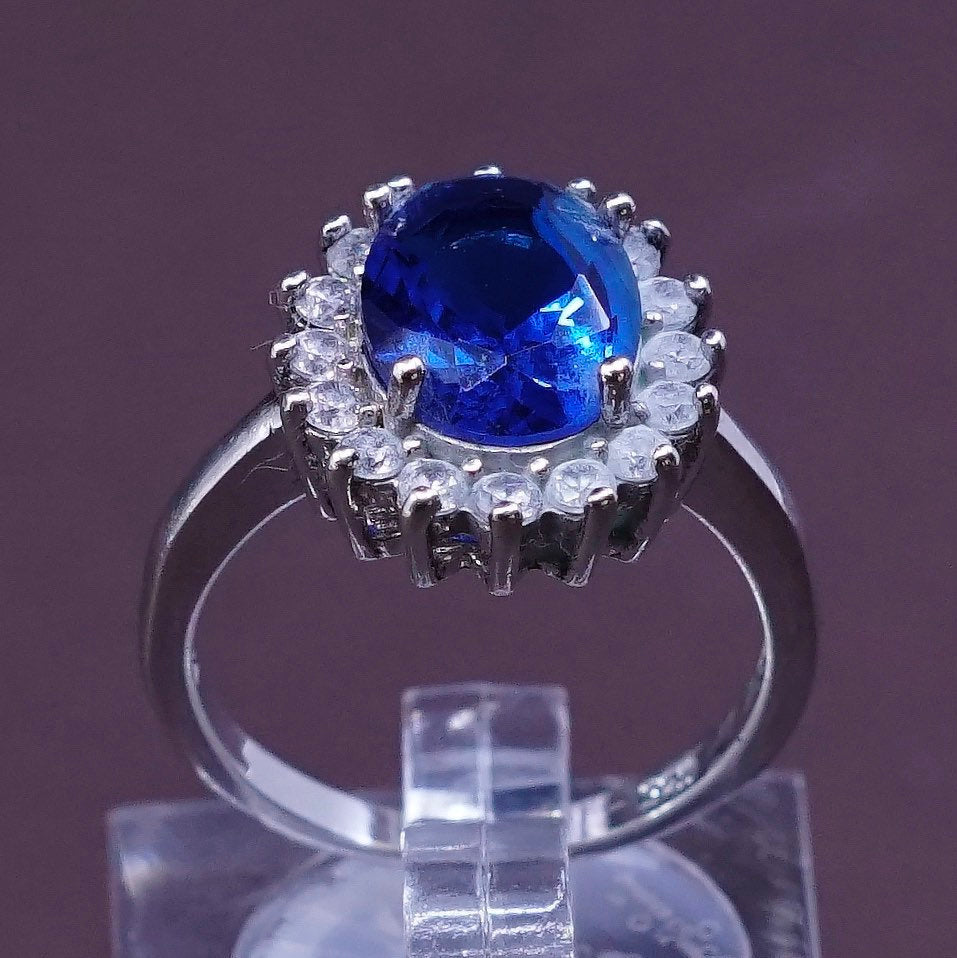 sz 6.25, vtg sterling silver handmade ring, 925 w/ crystal N sapphire details