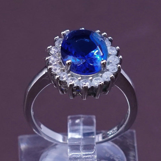 sz 6.25, vtg sterling silver handmade ring, 925 w/ crystal N sapphire details