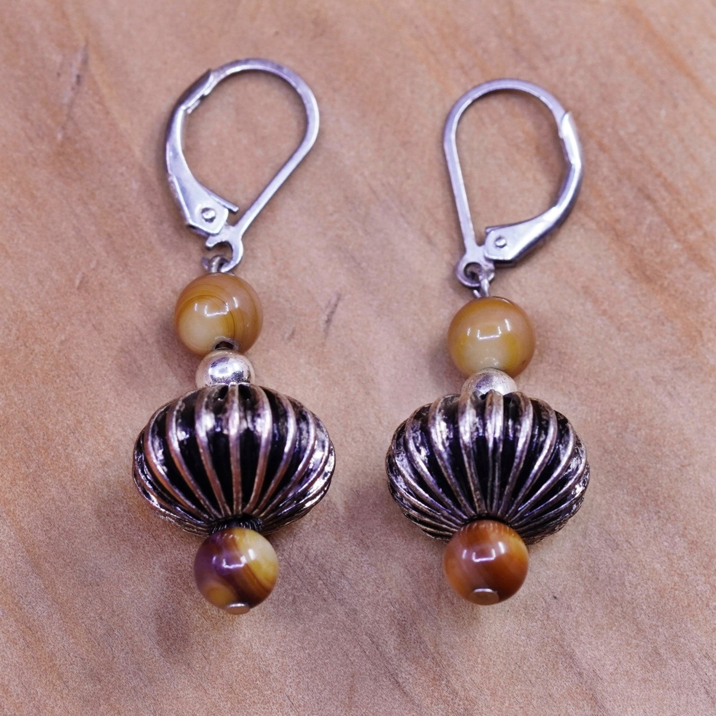 Vintage Sterling 925 silver handmade earrings with golden cat’s eye drops beads