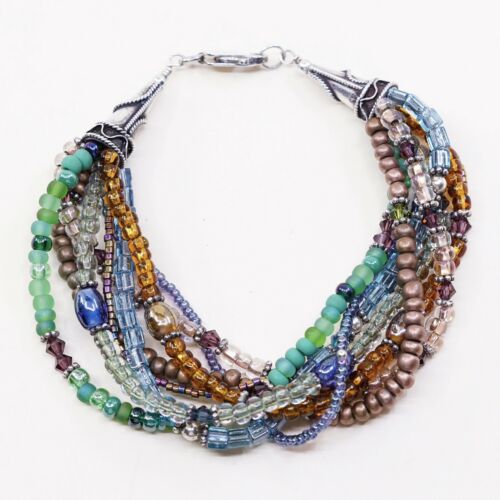 7.5”, Vtg Sterling Silver Handmade Bracelet, 925 Clasp W/ Colorful Beads