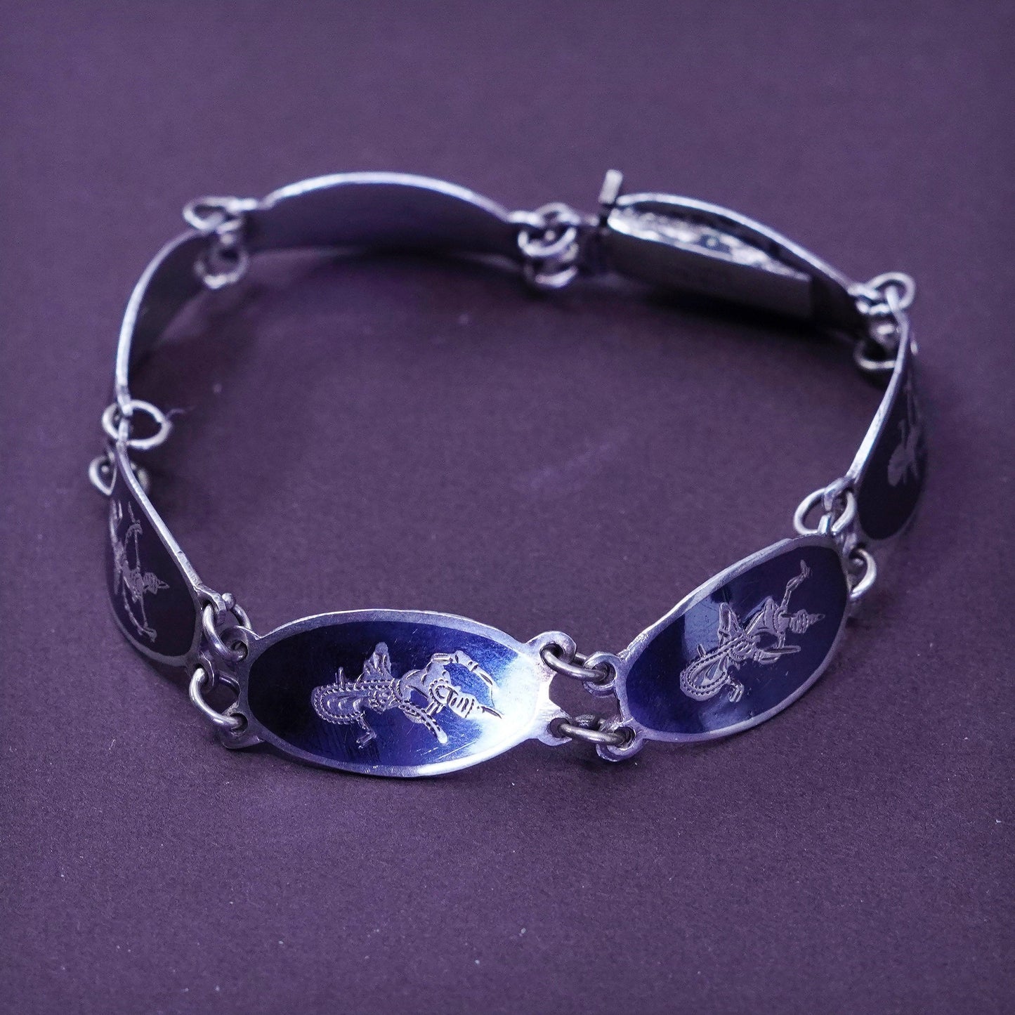 6.5”, Indian Siam Sterling silver, 925 niello music goddesses tennis bracelet