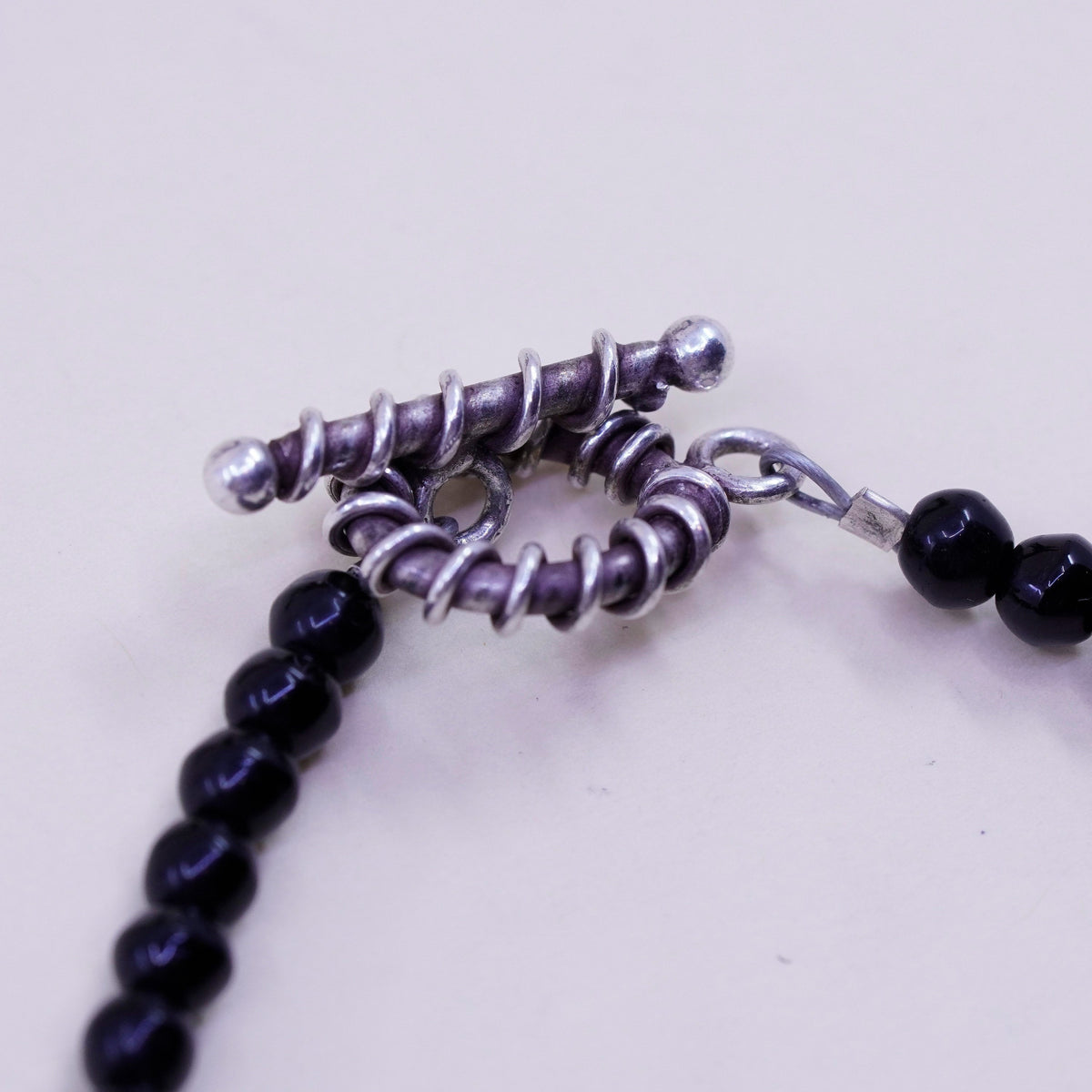 6.25”, Vintage Sterling 925 silver bracelet with obsidian beads