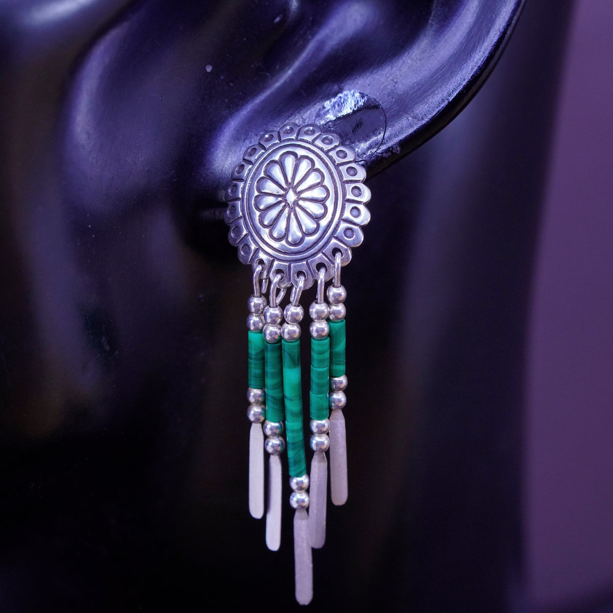 Quoc Turquoise Q.T. Sterling Silver Earrings, 925 studs malachite fringe drops