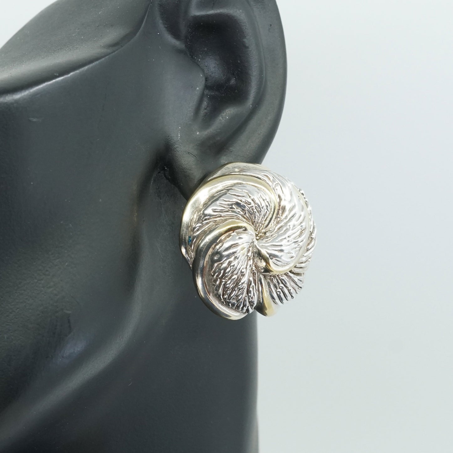 vtg OS 925 Large lightweight stud two tone Sterling silver handmade earrings