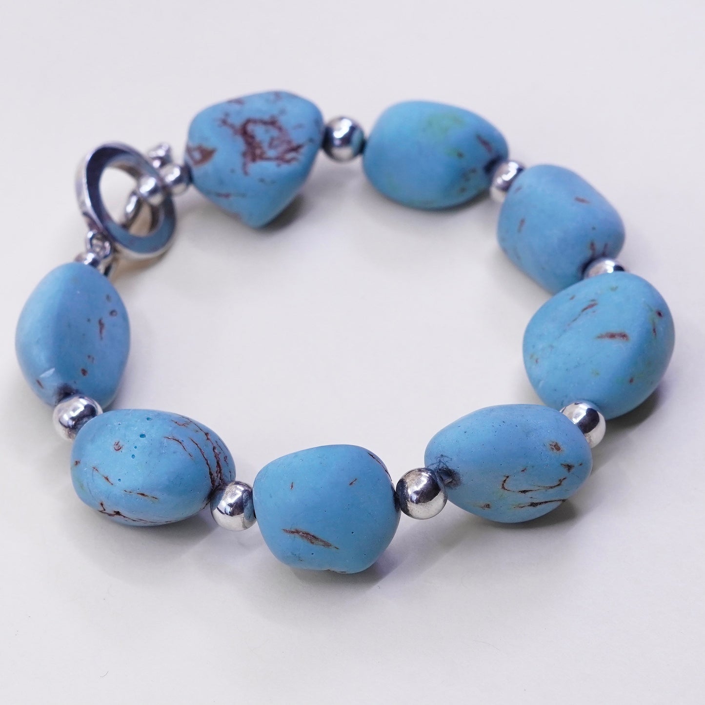6.75”, Vintage Sterling 925 silver handmade bracelet, Mexico turquoise nugget
