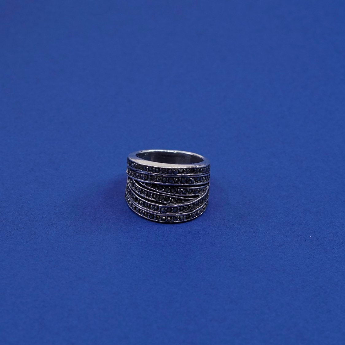 sz 6.75, vtg Sterling silver handmade ring, Mexico 925 band w/ marcasite