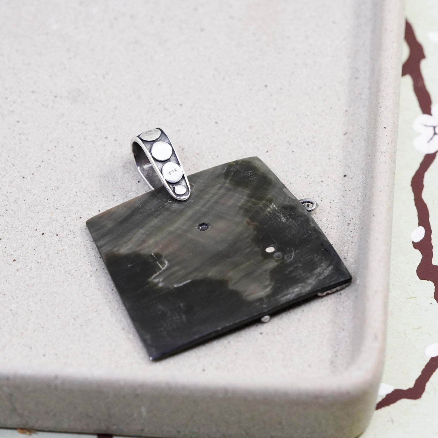 Vintage Sterling 925 silver dragonfly pendant with square abalone