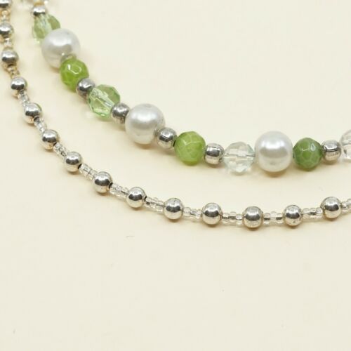 6.25”, Vtg Sterling 925 Silver Handmade Bead Bracelet W/ Pearl N Green Crustal