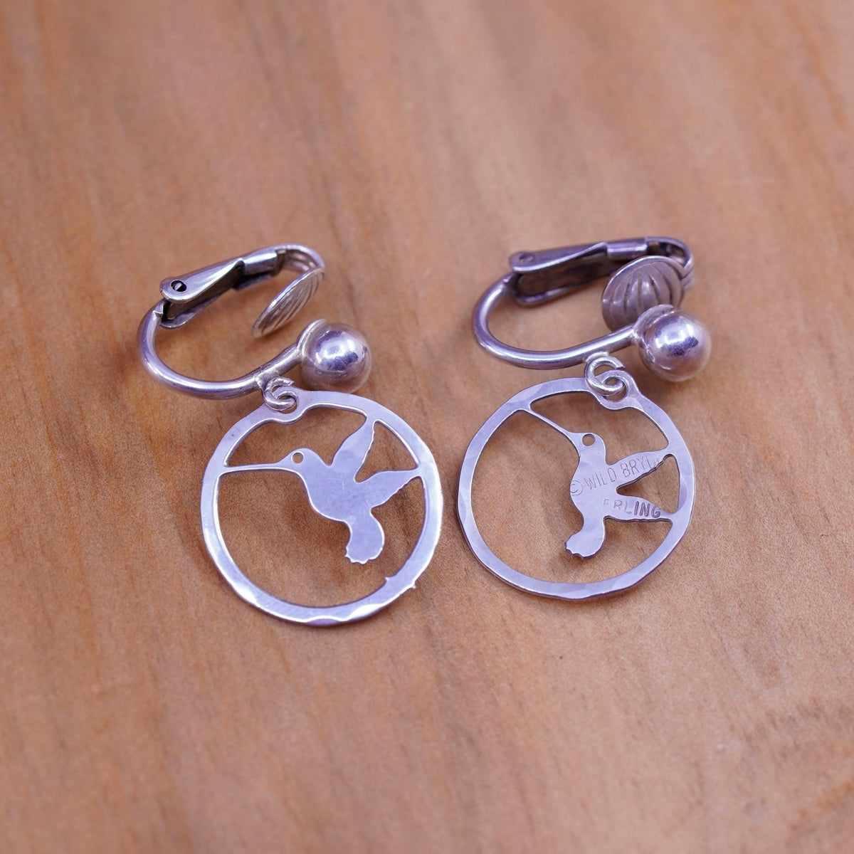 Vintage Sterling silver handmade clip on, 925 hummingbird bird earrings