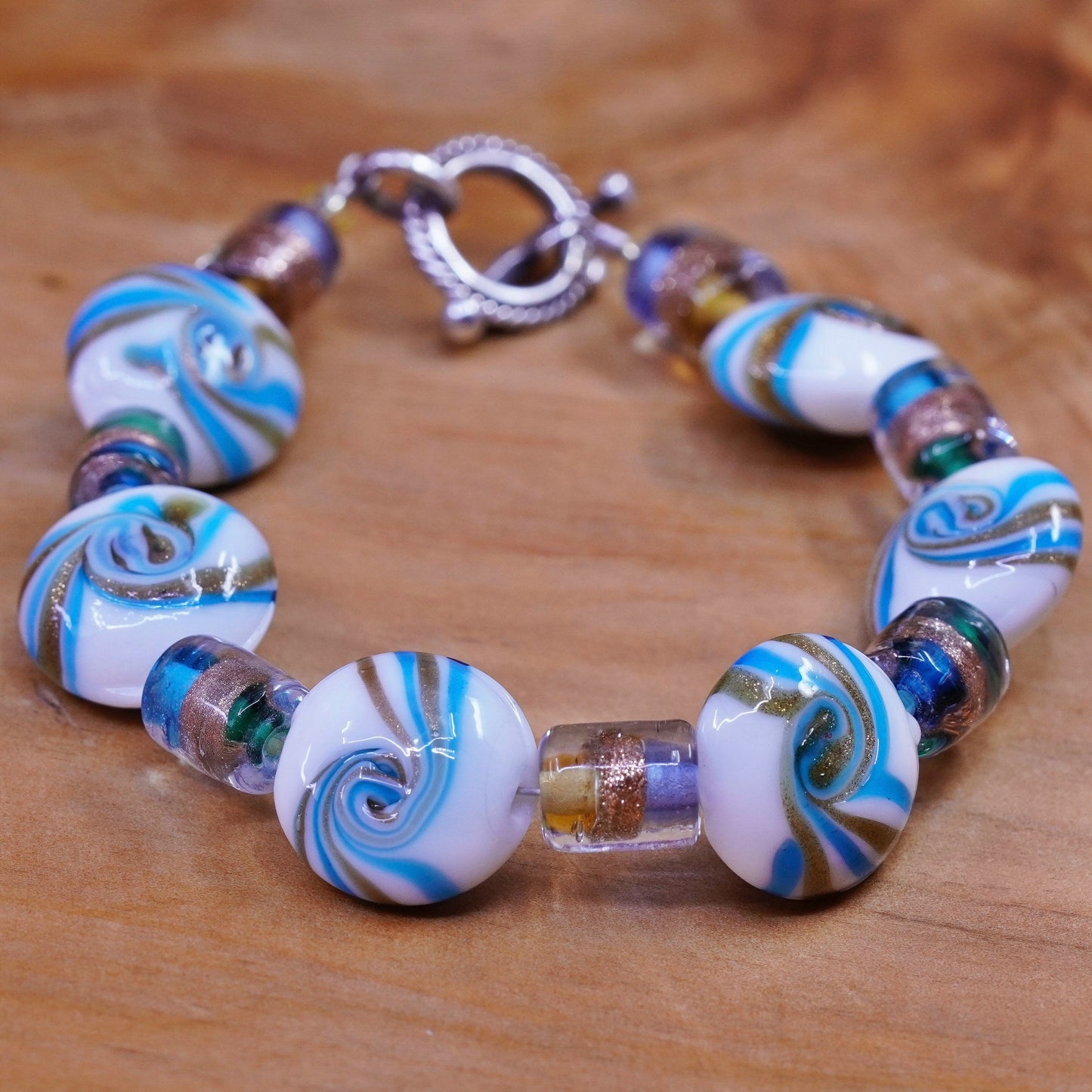 6.25”, Vintage handmade bracelet, blue artisan glass bead bracelet